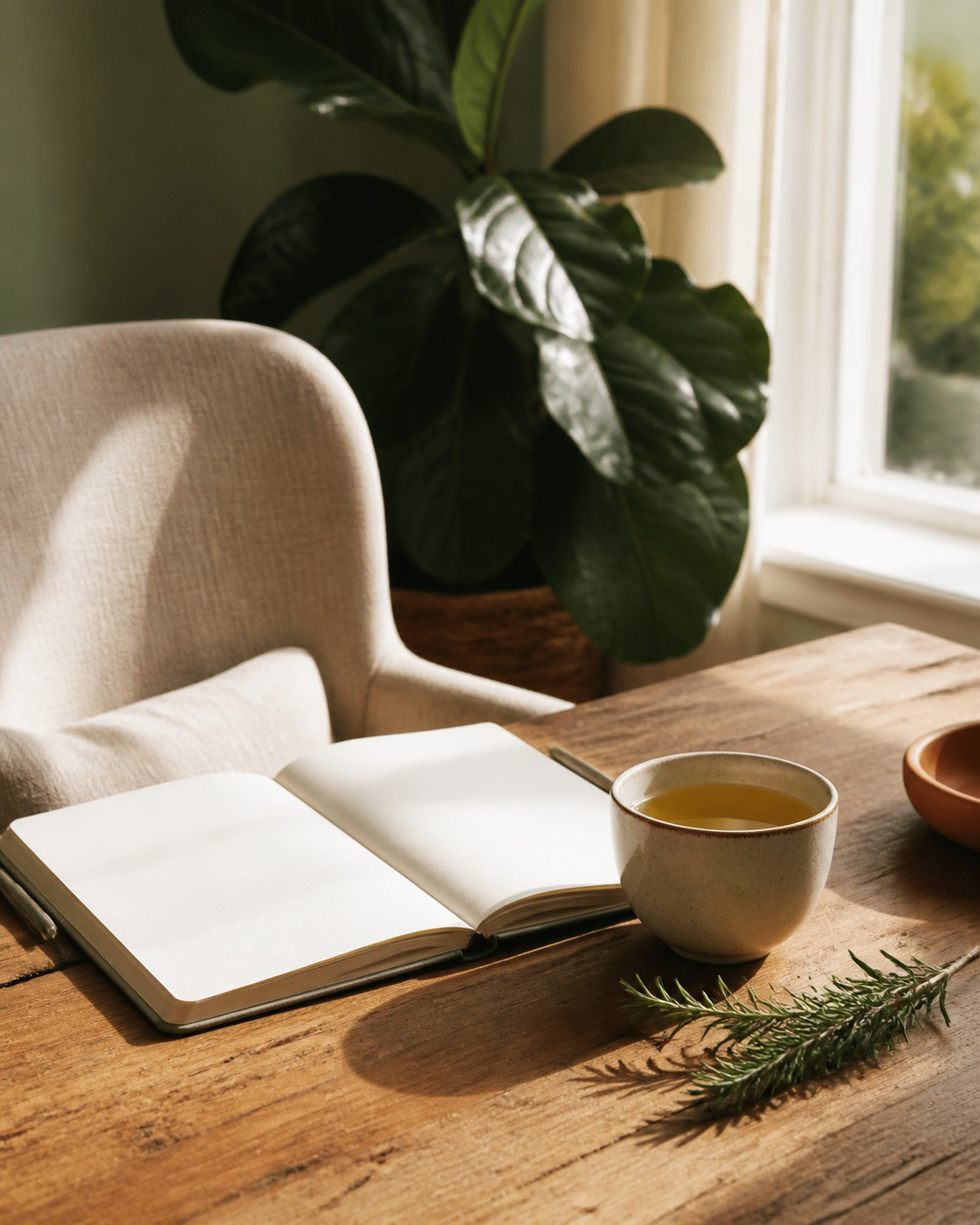 A calm coaching space with an open notebook, tea, and greenery
